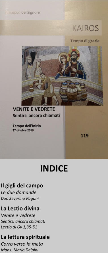 INDICE   Il gigli del campo  Le due domande Don Severino Pagani  La Lectio divina  Venite e vedrete Sentirsi ancora chiamati Lectio di Gv 1,35-51   La lettura spirituale Corro verso la meta Mons. Mario Delpini